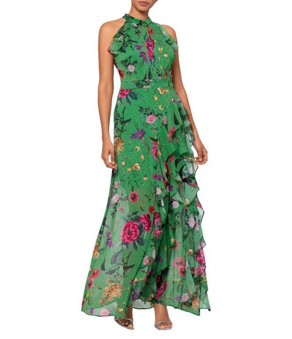 ベッツィアンドアダム レディース トップス ワンピース フラワー柄 プチ フリル フラワー ホルター Betsy Adam Petite Size Floral Ruffle Halter Long Dress Green Multi グリーン