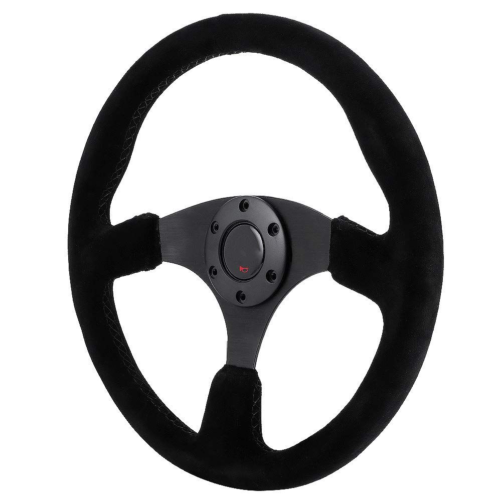 新品 スエードレーシングステアリングホイール スタイル6ボルト用 14インチ/350mm アルミニウム ブラック ステアリング ホイール交換用ホーンボタン付き