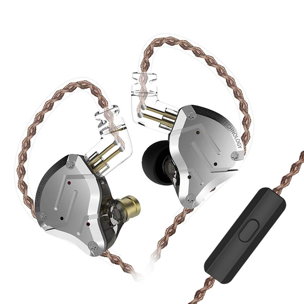 新品 Yinyoo イヤホン 有線 KZ ZS10 PRO イヤフォン インイヤー モニター 中華 4BA+1DD 耳掛け カナル型 イヤモニ ハイブリッド パソコン用 Wired Earphones 2pin リケーブル対応 (銀灰・マイク付き)