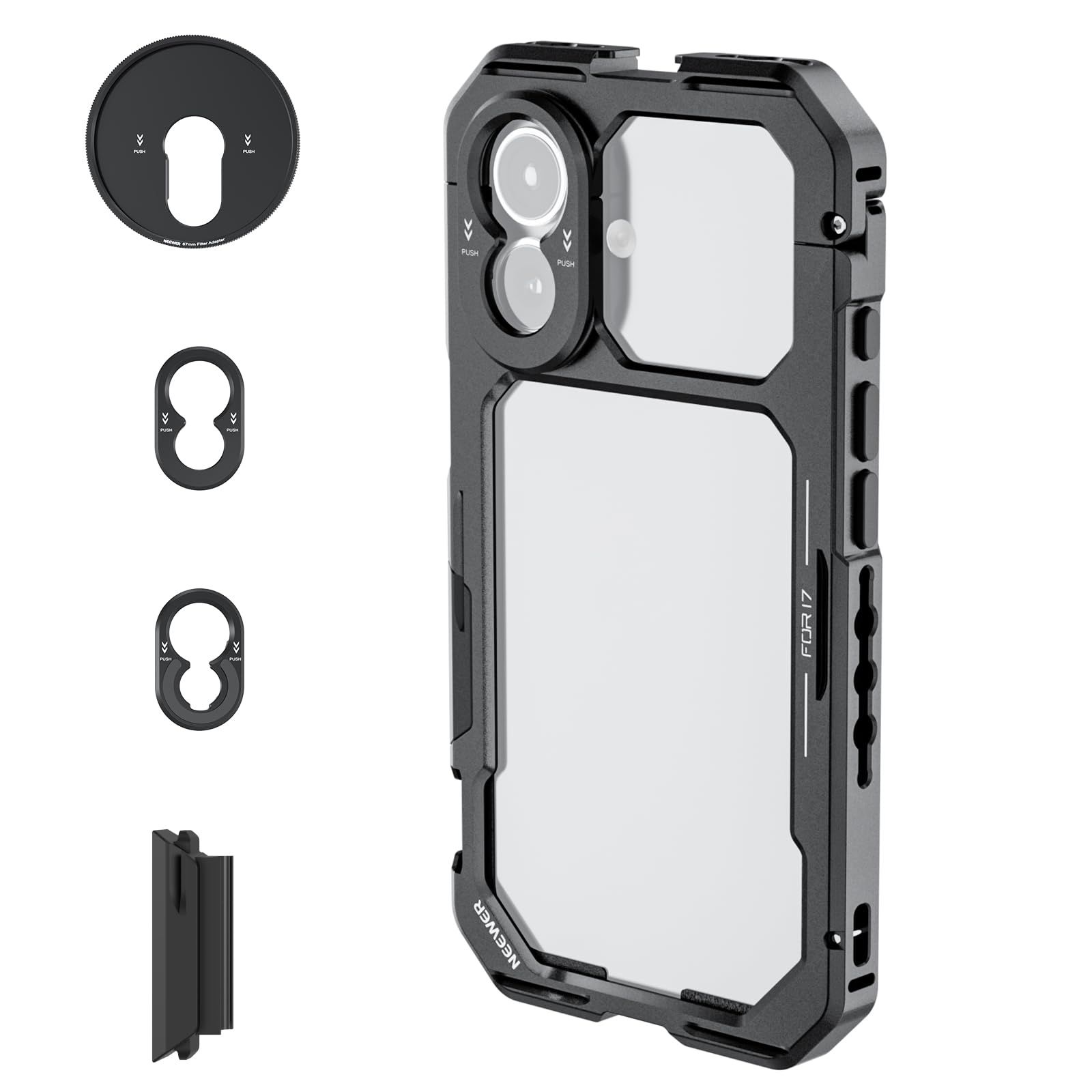新品 NEEWER スマホケージ iPhone 17対応 クイックリリース スマホビデオリグスタビライザーアクセサリーキット 67mmフィルターリング/17mmレンズバックプレート/Tマウントアダプター/カメラコントロールキャップ付き PA158(ブラック)