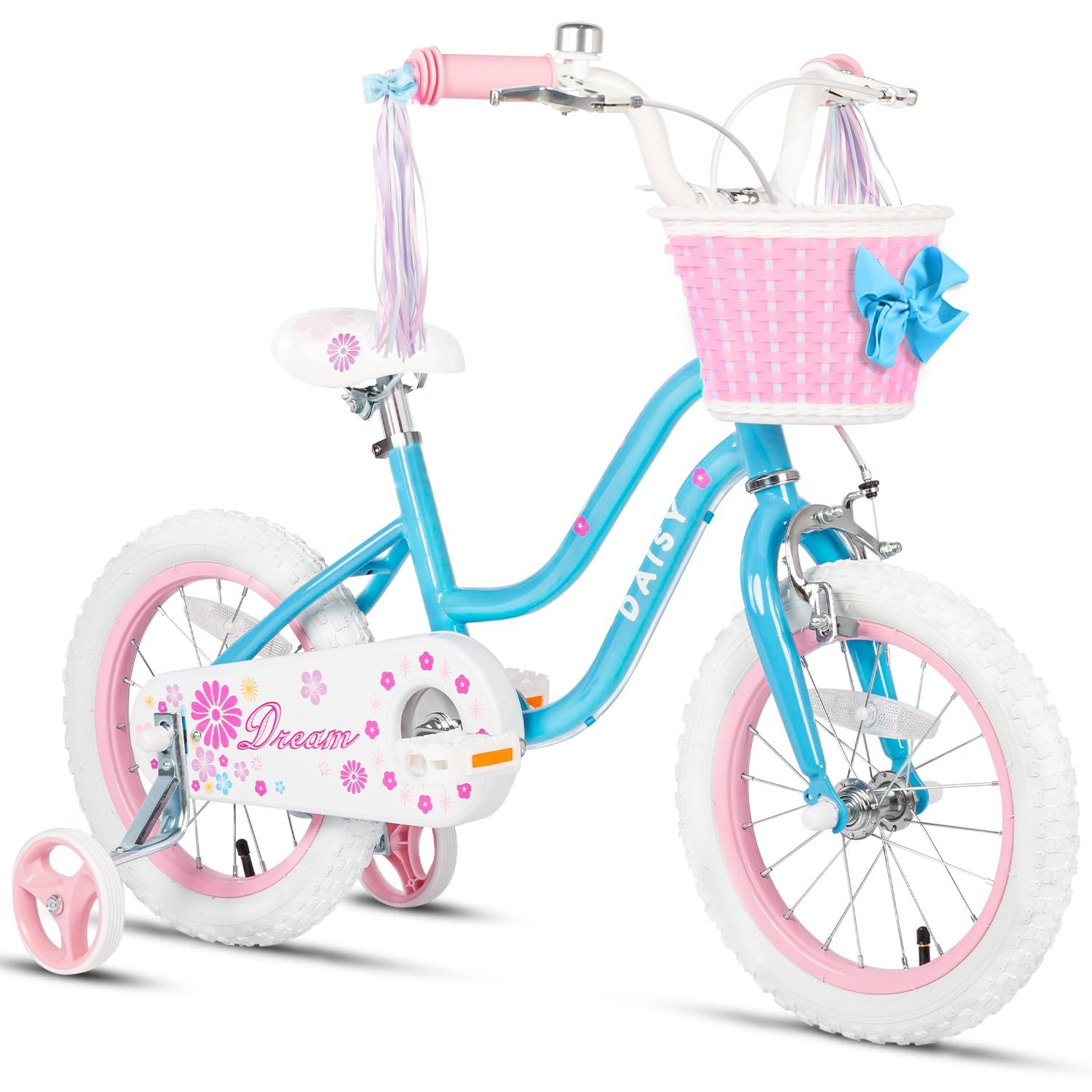 新品 【Glerc】DAISY子供用自転車 可愛い女の子自転車 幼児小学生乗り練習 プリンセス気分 補助輪付き/前カゴ付き/ハンドル飾り付き 14インチ ブルー