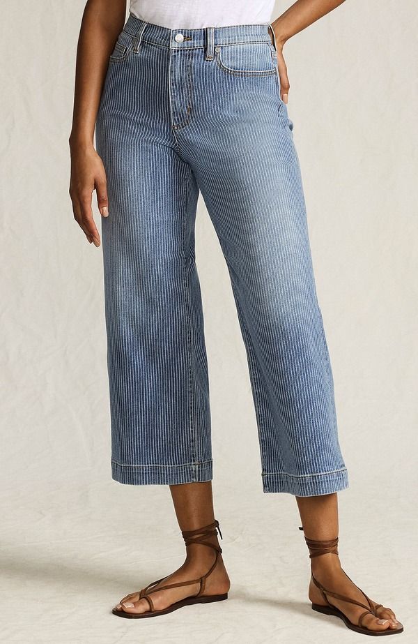 ランズエンド レディース ボトムス デニムパンツ ワイドレッグ ジーンズ Lands End Recover Denim High Rise Wide Leg Crop Jeans Beau Blue Stripe ブルー