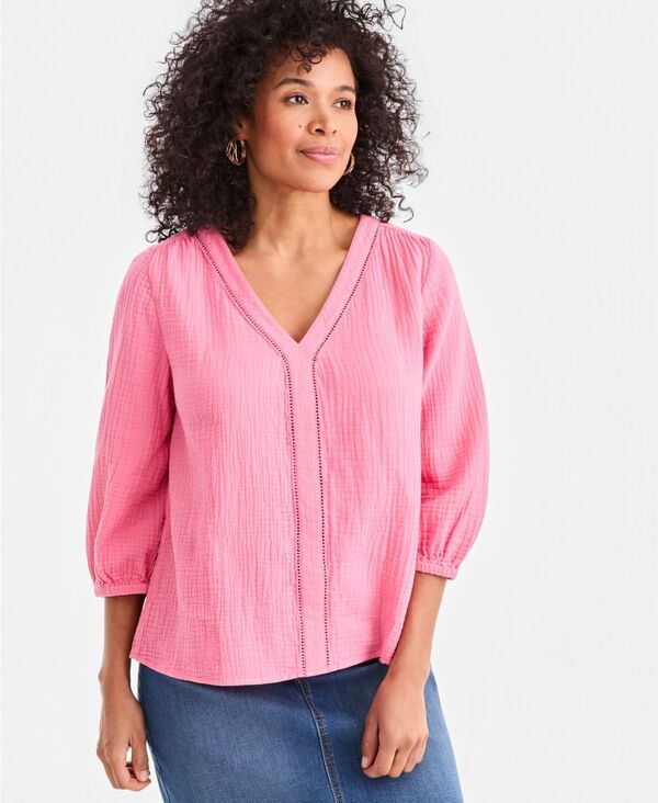 スタイルアンドコー レディース トップス シャツ Vネック コットン ブラウス Style Co Womens Cotton Gauze VNeck Blouse Macys Exclusive Floweringinger