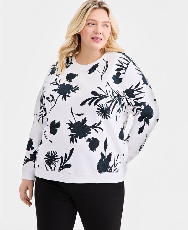 スタイルアンドコー レディース アウター パーカー・スウェット クルーネック プリント シャツ フリース Style Co Womens Printed Fleece Crewneck Sweatshirt Macys Exclusive White Blac