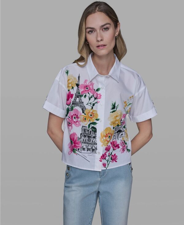 カール ラガーフェルド レディース トップス シャツ フラワー柄 ブラウス フラワー KARLAGERFELD PARIS Womens Floral Collared Neck Blouse White ホワイト