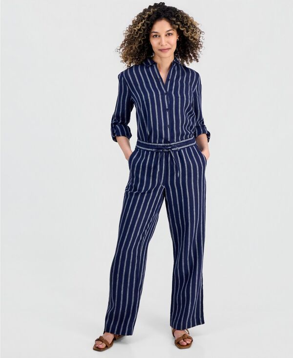 チャータークラブ レディース ボトムス カジュアルパンツ リネン Charter Club Womens 100 Linen Drawstring Pants Created for Macys Navy Stripe ネイビー