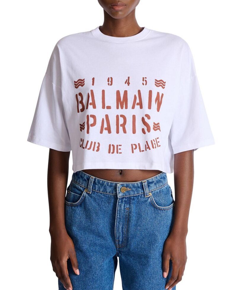 バルマン レディース トップス シャツ プリント TShirt with Balmain Plage Print White ホワイト