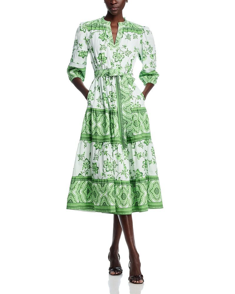 ティー・タハリ レディース トップス ワンピース プリント ミディ Tahari Three Quarter Sleeve Split Neck Printed Midi Dress Green Blossom グリーン