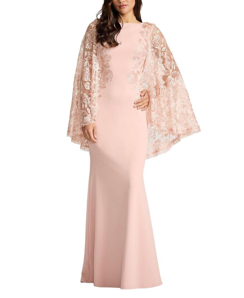 タダシショージ レディース トップス ワンピース ケープデザイン 刺繍 キャップ ケープ Tadashi Shoji Margolin Embroidered Cape Gown Pale Pink ピンク