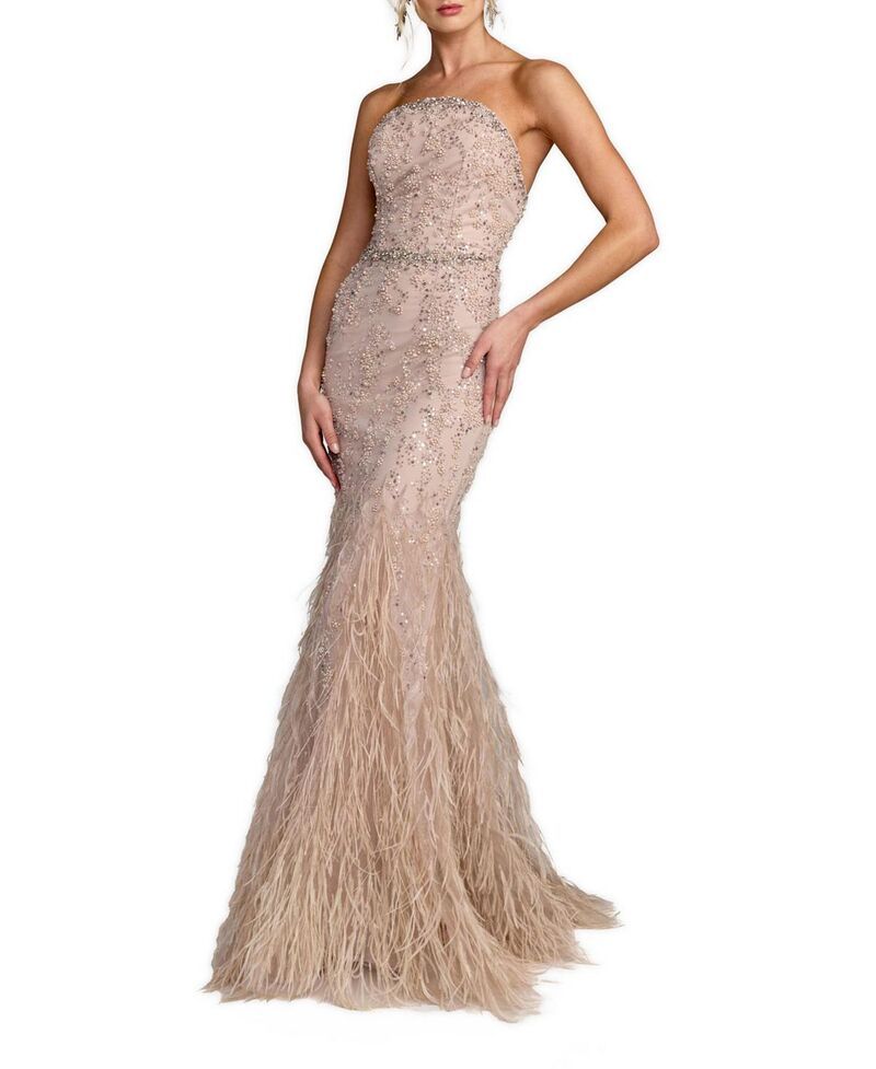 マックダガル レディース トップス ワンピーストラップレス Mac Duggal Strapless Beaded Netrumpet Gown with Feathers Champagne シャンパン