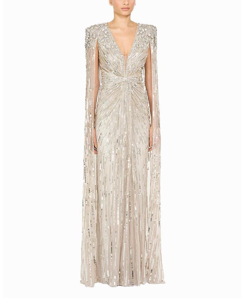 ジェニー・パッカム レディース トップス ワンピース ケープデザイン スパンコール キャップ ケープ Jenny Packham Lotus Lady SequinEmbellished Cape Gown Platinum