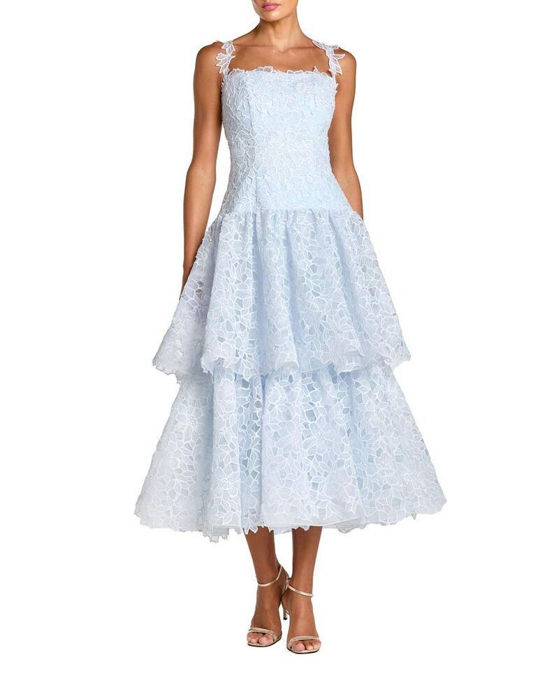 マックダガル レディース トップス ワンピース ティアード プチ ミディ ノースリーブ 刺繍 レース Mac Duggal Petite Sleeveless Embroidered Lace Tiered Midi Dress Powder Blue ブルー