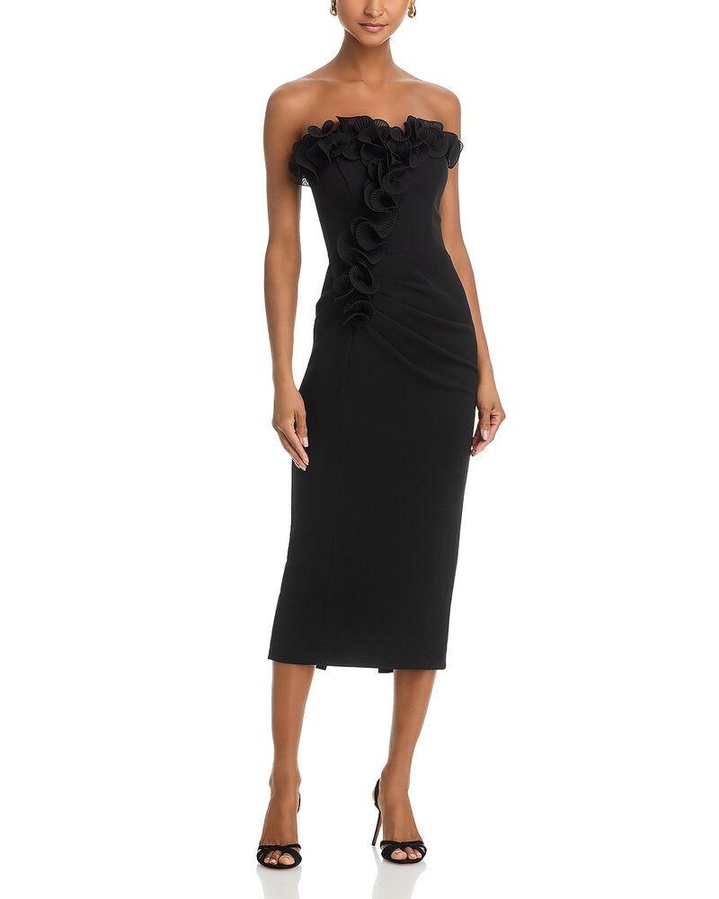 アクア レディース トップス ワンピース クレープ フリル ミディ スキューバ ストラップレス AQUA Scuba Crepe Strapless Ruffle Midi Dress Exclusive Black ブラック