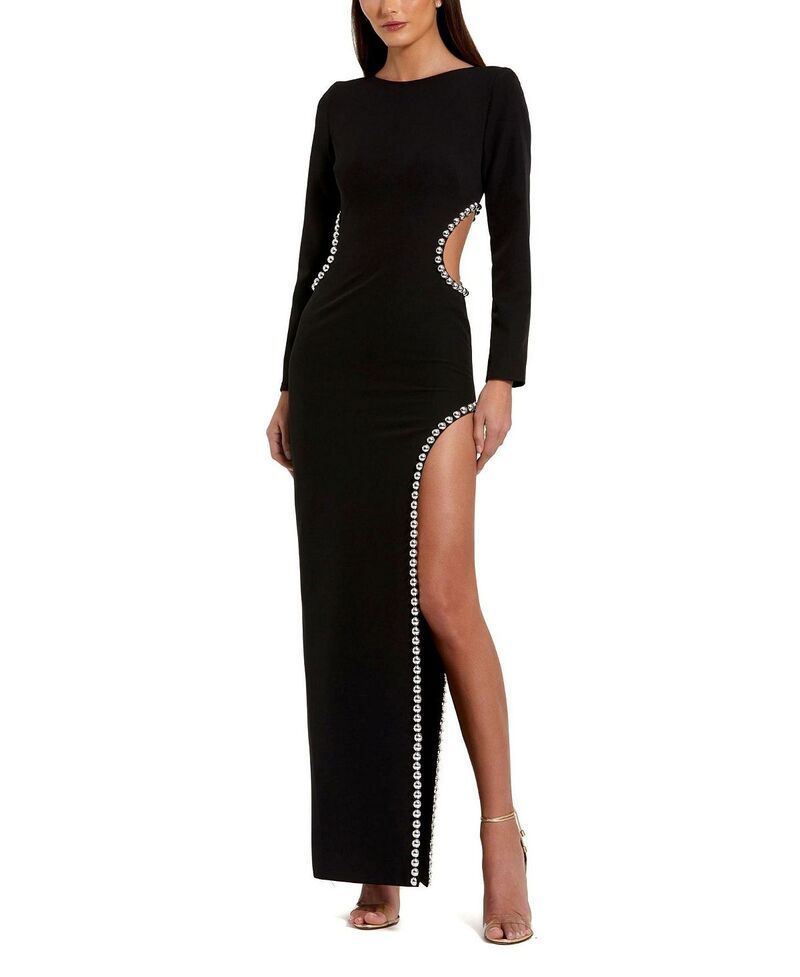マックダガル レディース トップス ワンピース クレープ Mac Duggal Crepe Long Sleeve Gown With Beaded Cut Outs Black ブラック