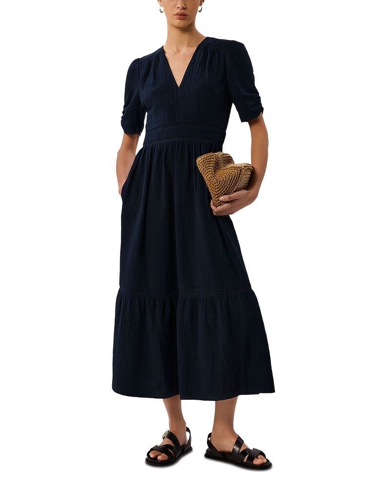 ホイッスルズ レディース トップス ワンピース Vネック ミディ Whistles V Neck Textured Midi Dress Navy ネイビー