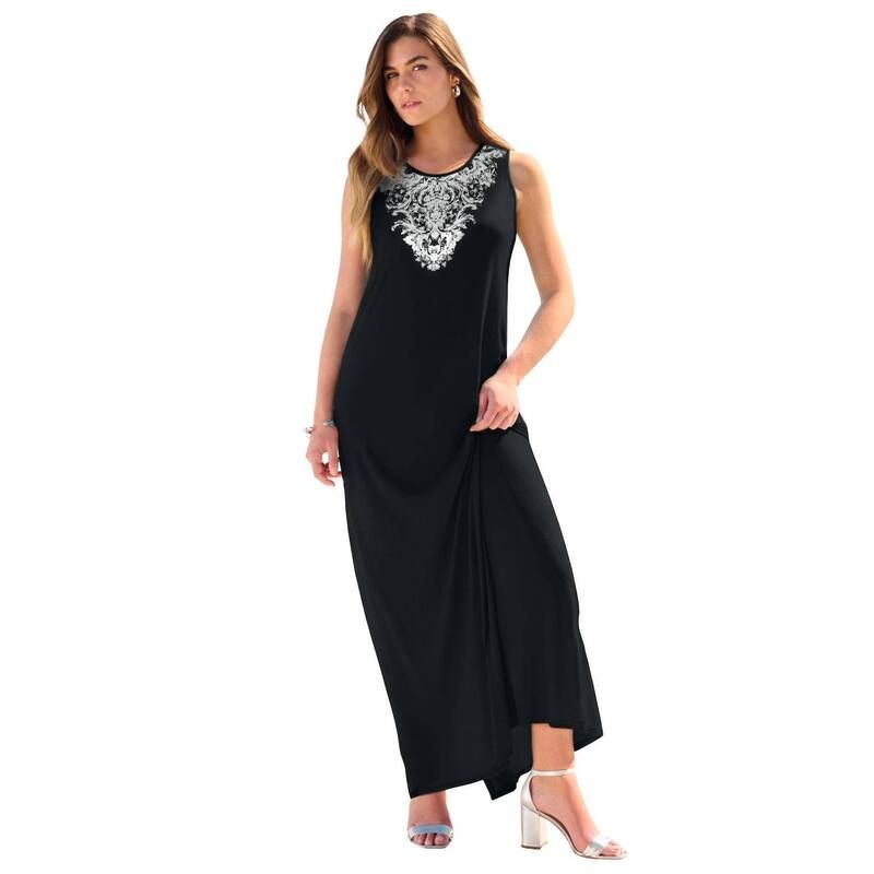 ロアマンズ レディース トップス ワンピース プラスサイズ ノースリーブ マキシ Roamans Womens Plusize Ultrasmooth Fabric Sleeveless Maxi Dress Black Silver Scroll ブラック