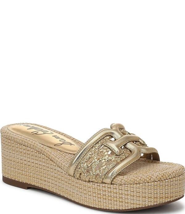 サムエデルマン レディース シューズ サンダル プラットフォーム トール ロゴ Sam Edelman Pauleena Metallic Woven Raffia Double Logo Platform Wedge Slide Sandals Amber