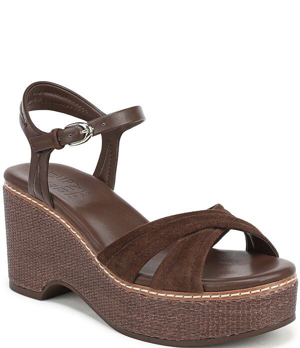 ナチュライザー レディース シューズ サンダル プラットフォーム スエード アンクル レザー Naturalizer Dovie Leather and Suede Ankle Wrap Sandal Platform Raffia Wedges Chocol