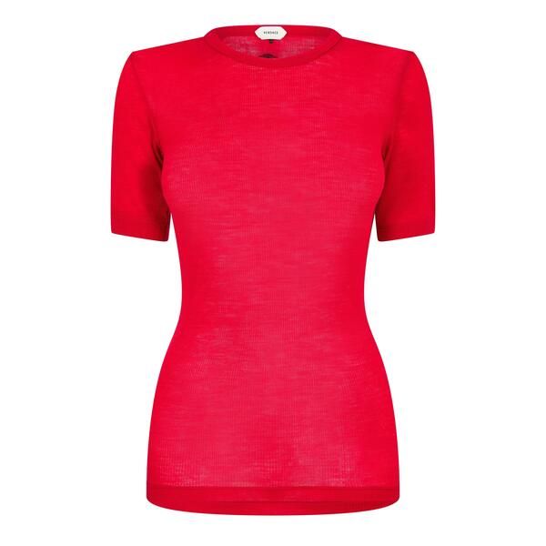 ヴェルサーチ レディース トップス Tシャツ リブ Versace Womens Ribbed Medusa TShirt Lipstick Red レッド