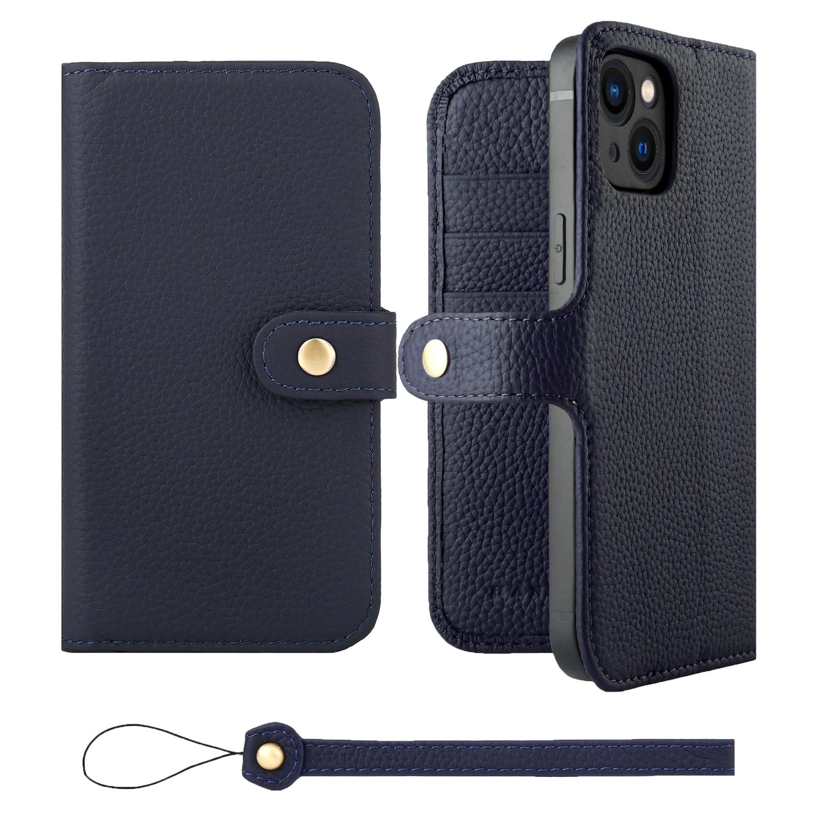 新品 HANATORA for iPhone 13mini ケース 手帳型 本革 スマホケース スマホ スタンド ストラップ 付き シュリンクカーフレザー ベルトあり マグネットなし ネイビー H0XB-13mini-Navy ギフト 誕生日 女性 男性 彼女