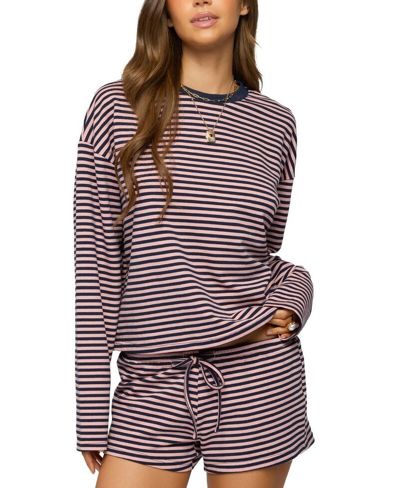 アディクテッド レディース トップス シャツ Edikted Jainee Striped Long Sleeve T Shirt NavyAndPink ネイビー
