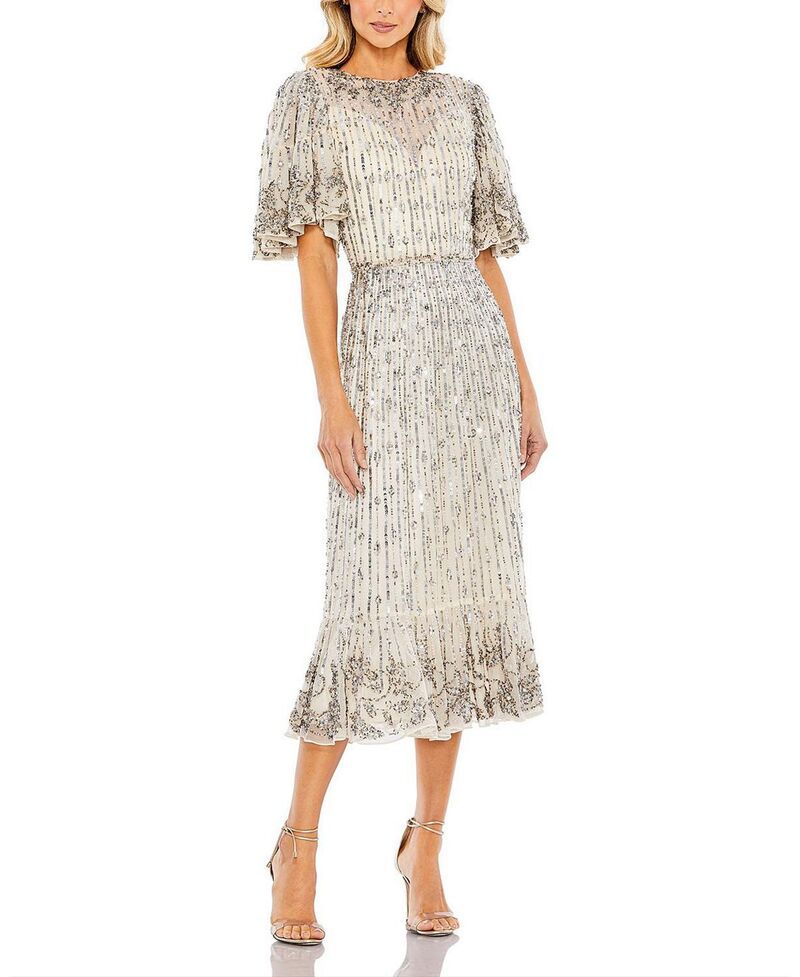 マックダガル レディース トップス ワンピース ミディ スパンコール Mac Duggal Sequined Flounce Sleeve Midi Dress Nude Silver シルバー