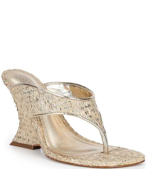シュッツ レディース シューズ サンダル トール Schutz Maya Woven Metallic Square Toe Thong Sculpted Wedge Sandals CaramelGold Platina ゴールド