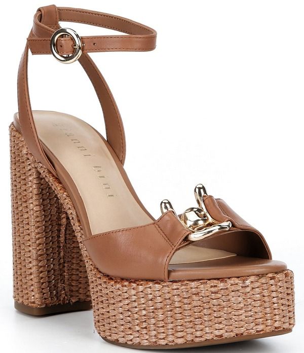 ジャンビニ レディース シューズ サンダル プラットフォーム レザー Gianni Bini Calvo Leather Ornamented Raffia Platform Dressandals Vacay Tan タン