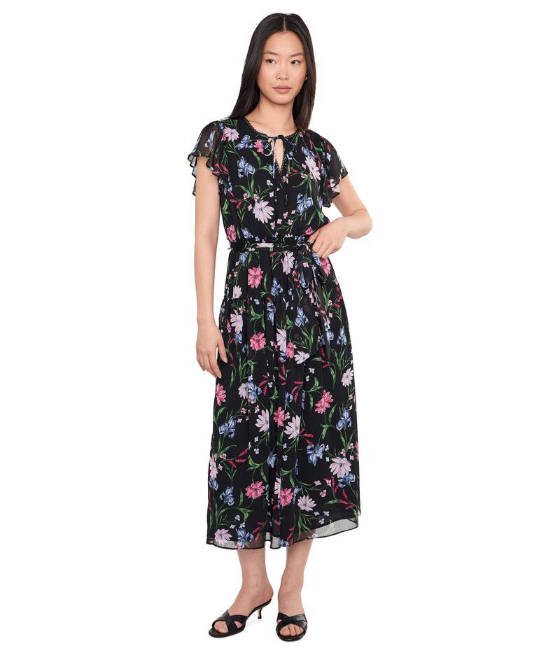 セセ レディース トップス ワンピース フリル ミディ CeCe Ruffle Short Sleeve Keyhole Tie Waist Midi Dress Rich Black ブラック