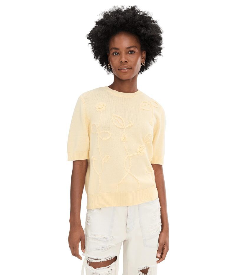 ヴィンスカムート レディース トップス シャツ クルーネック フラワー柄 フラワー Vince Camuto Floral Applique Short Sleeve Crew Neck Light Lemon
