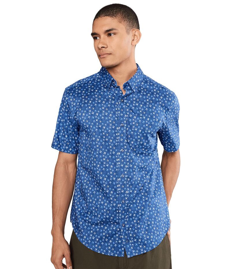 ジョンストンアンドマーフィー メンズ トップス シャツ プリント 半袖 コットン Johnston Murphy Logan Printed Cotton Shortsleeve Shirt Navy Flight Paths ネイビー