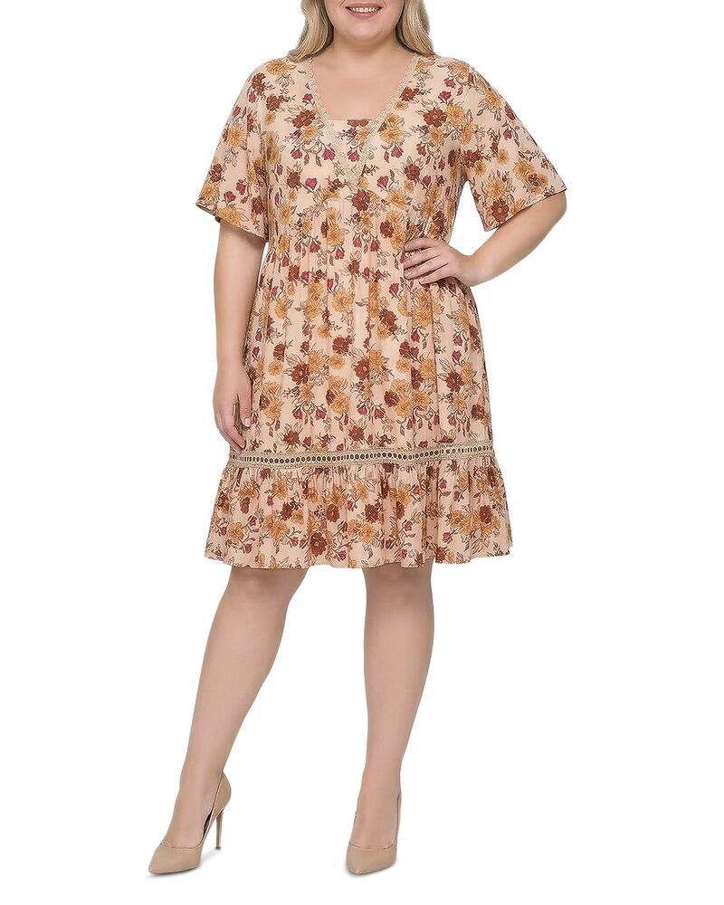 スタンダーズ アンド プラクティス レディース トップス ワンピース フラワー柄 プラスサイズ フラワー standards practices Plus Floral Crochetrim Flutter Sleeve Dress Multi Floral