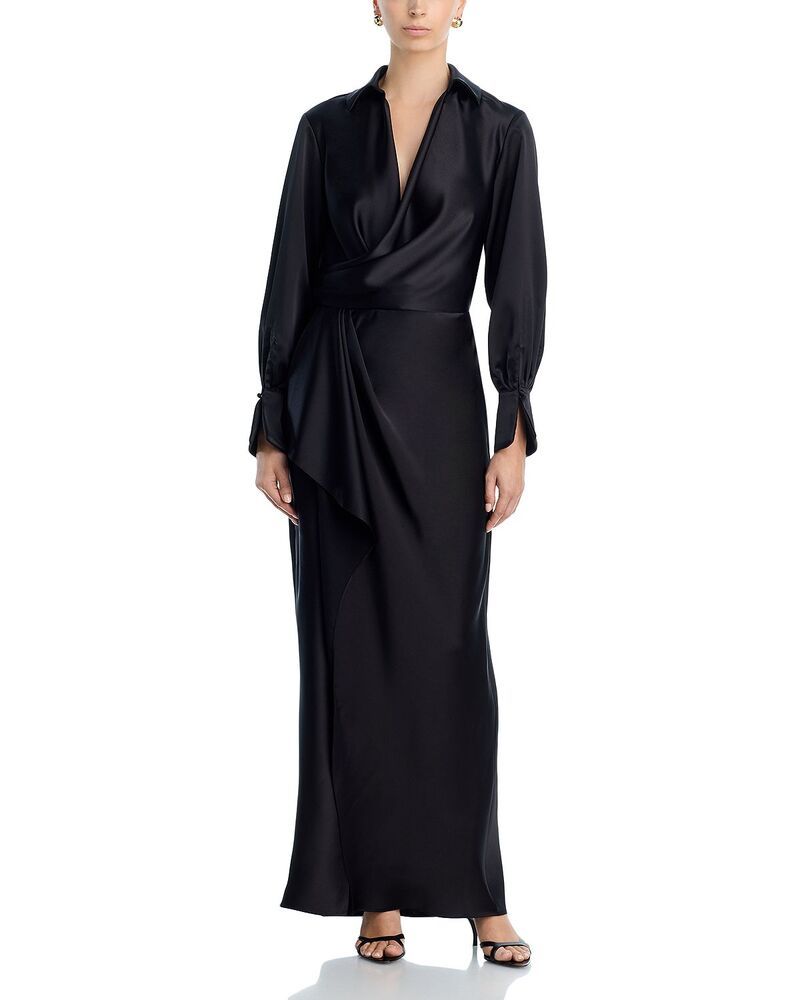 アクア レディース トップス ワンピース サテン マキシ AQUA Satin Long Sleeve Maxi Gown Exclusive Black ブラック