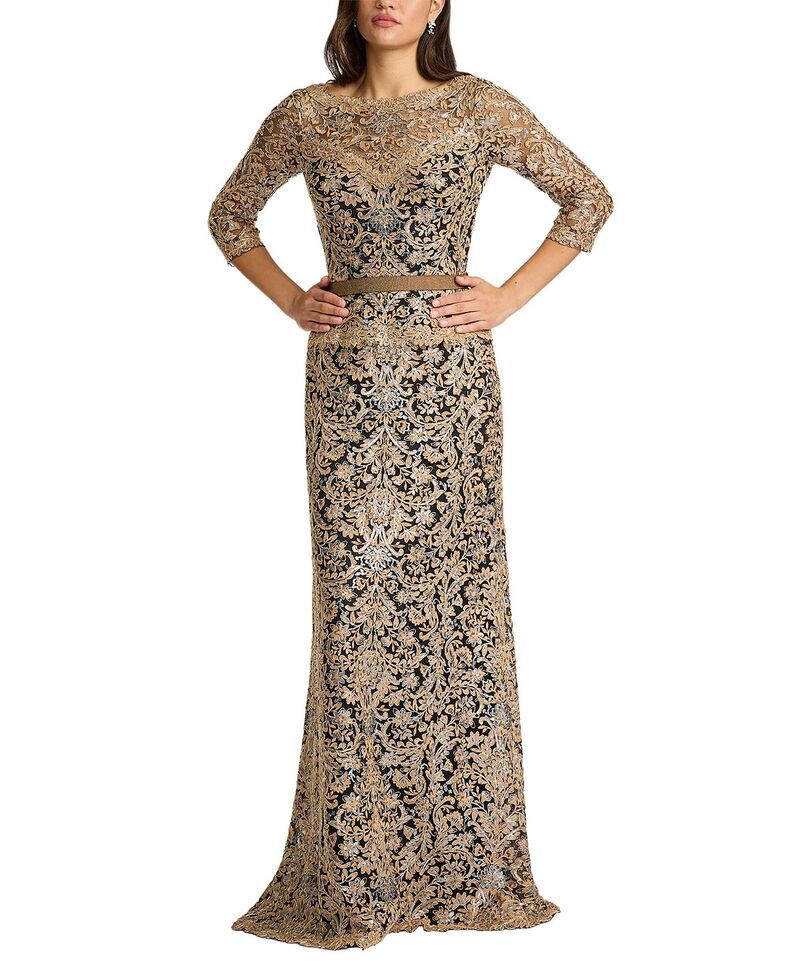 タダシショージ レディース トップス ワンピース チュール スパンコール 刺繍 Tadashi Shoji Aziza Sequin Embroidered Tulle Gown Copper ShadowBlack ブラック