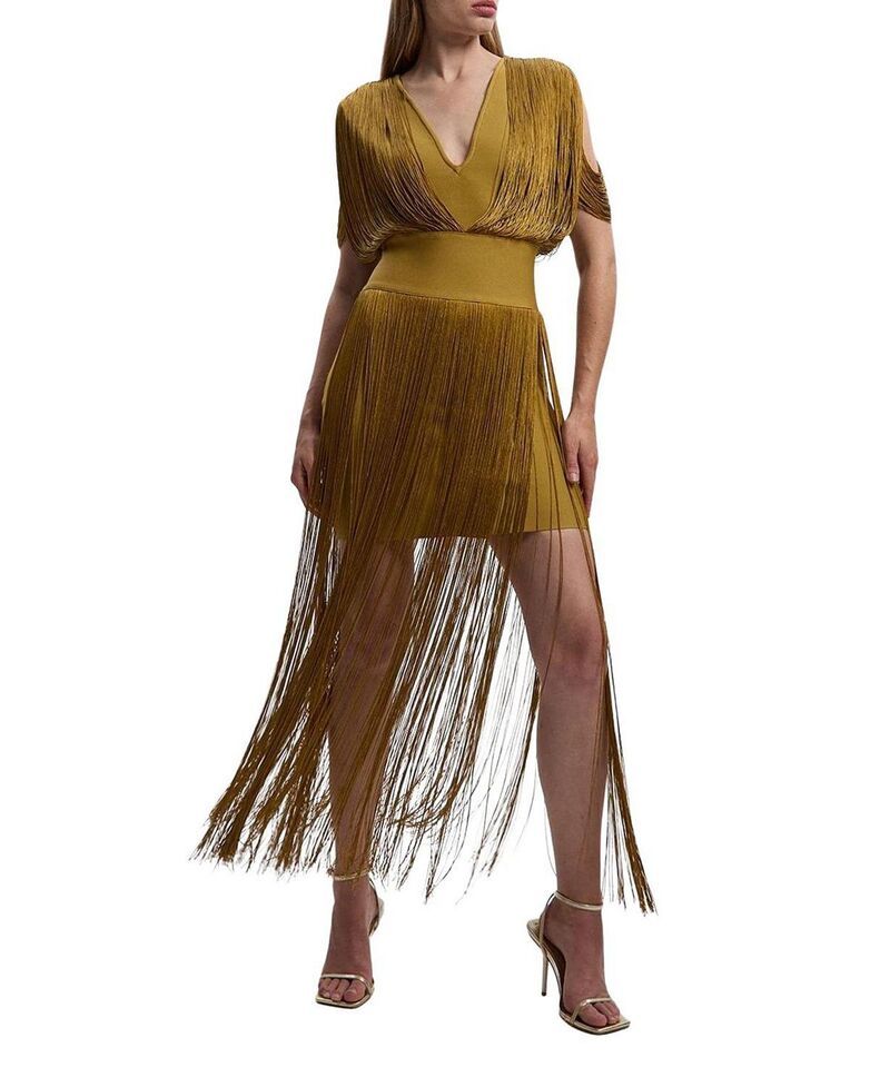 カレンミレン レディース トップス ワンピース ニット フリンジ Karen Millen Bandage Knit Fringe Detail Dress Gold ゴールド