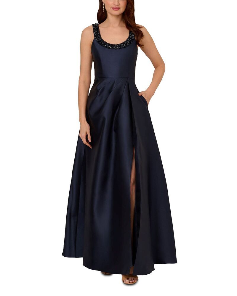 アドリアナ パペル レディース トップス ワンピース Adrianna Papell Beaded Neckline Mikado Gown Midnight