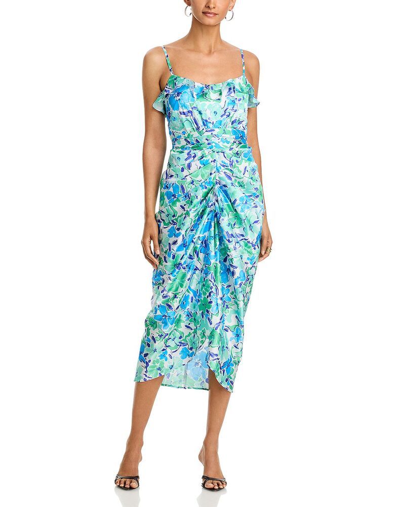 アクア レディース トップス ワンピース フラワー柄 フリル ミディ フラワー AQUA Floral Ruffle Tie Waist Midi Dress Exclusive Blue Multi ブルー