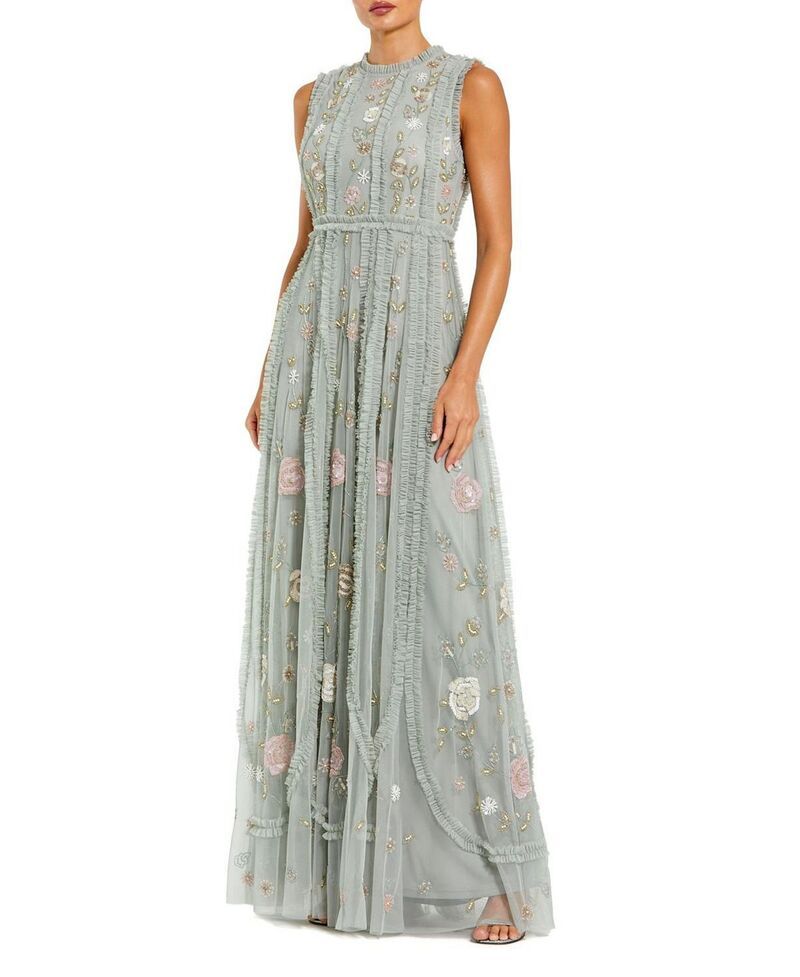 マックダガル レディース トップス ワンピース A ライン フラワー柄 プチ フリル メッシュ ノースリーブ フラワー Mac Duggal Petite Floral Mesh Sleeveless A Line Micro Ruffle Gown Sage