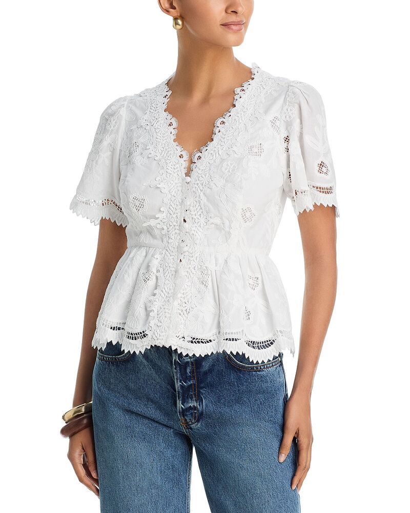 アクア レディース トップス シャツ Vネック ボタンダウン 刺繍 レース AQUA Embroidered Lace Button Down V Neck Top Exclusive White ホワイト