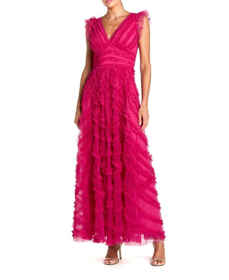 マックダガル レディース トップス ワンピース Vネック フリル キャップ マキシ Mac Duggal VNeck Cap Sleeve Ruffle Maxi Dress Fuchsia フューシャ