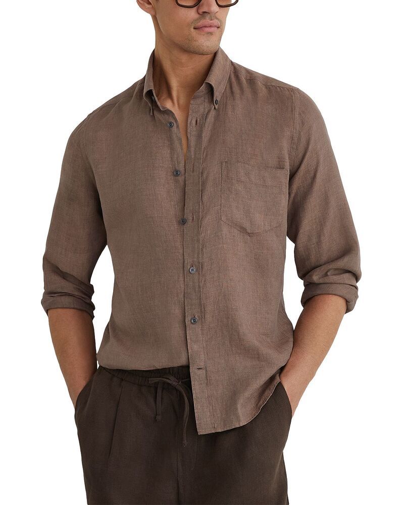 レイス メンズ トップス シャツ レギュラーフィット リネン REISS Queens Regular Fit Linen Shirt Espresso Brown ブラウン