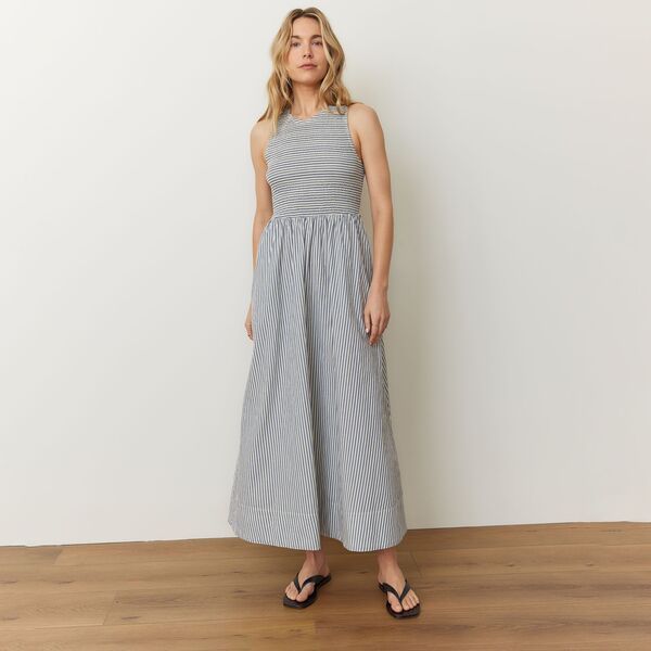 マリーン レイヤー レディース ボトムス カジュアルパンツ シャーリング Marine Layer Womens Darcy Poplin Smockedress Navy Stripe ネイビー