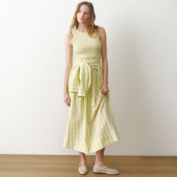マリーン レイヤー レディース ボトムス カジュアルパンツ シャーリング Marine Layer Womens Darcy Poplin Smockedress Lime Stripe ライム