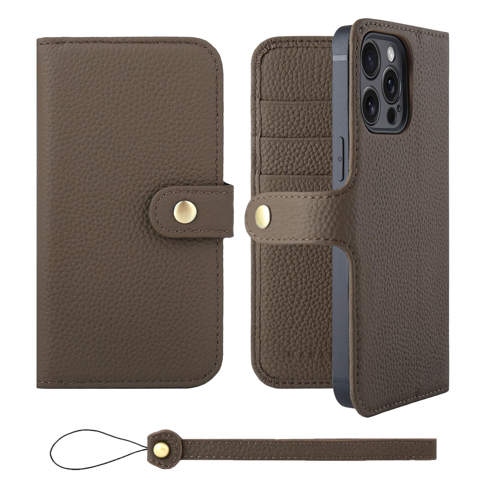 新品 HANATORA for iPhone 15ProMax ケース 手帳型 本革 スマホケース スマホ スタンド ストラップ 付き シュリンクカーフレザー ベルトあり マグネットなし トープ H0XB-15ProMax-Taupe ギフト 誕生日 女性 男