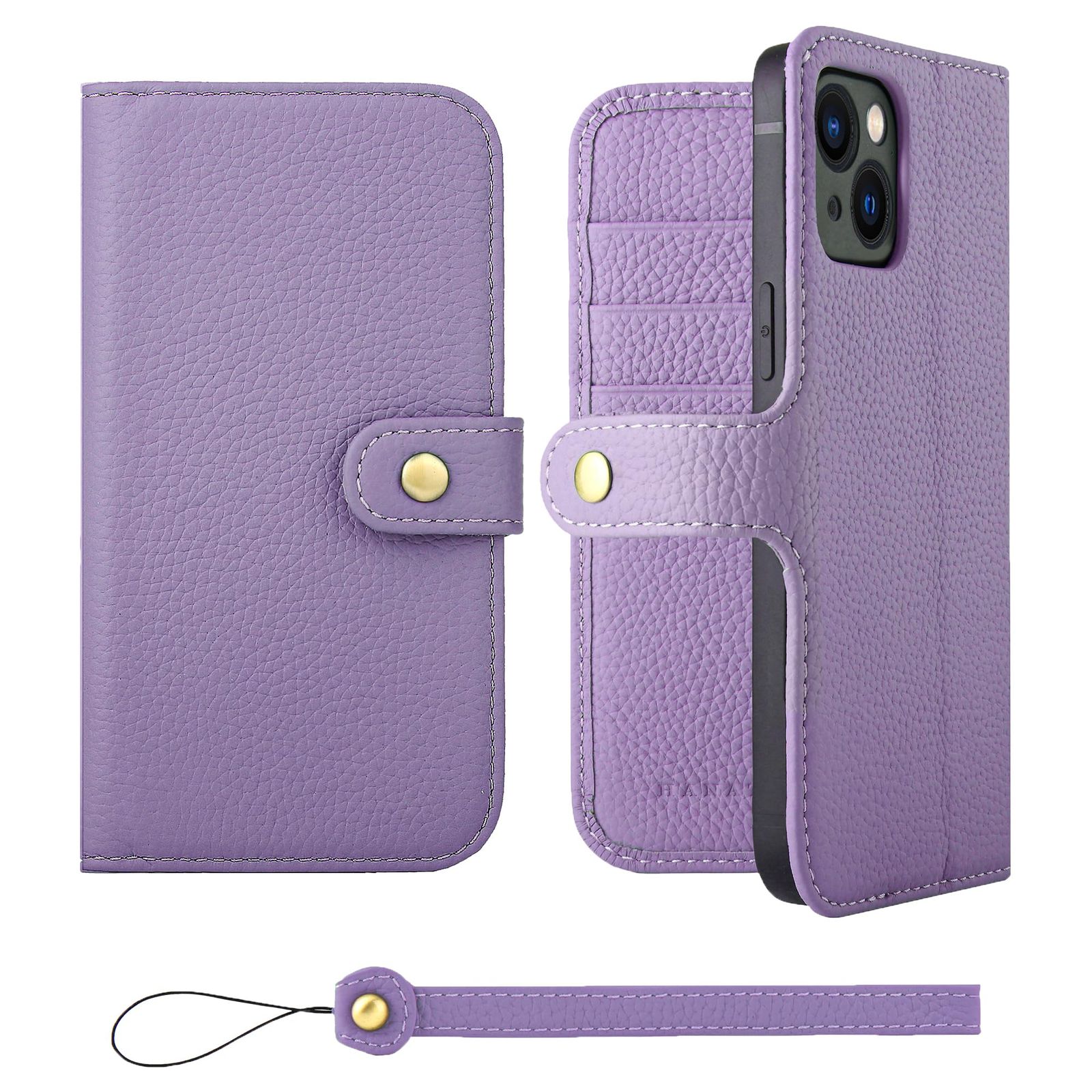 新品 HANATORA for iPhone 13mini ケース 手帳型 本革 スマホケース スマホ スタンド ストラップ 付き シュリンクカーフレザー ベルトあり マグネットなし パープル H0XB-13mini-Purple ギフト 誕生日 女性 男性