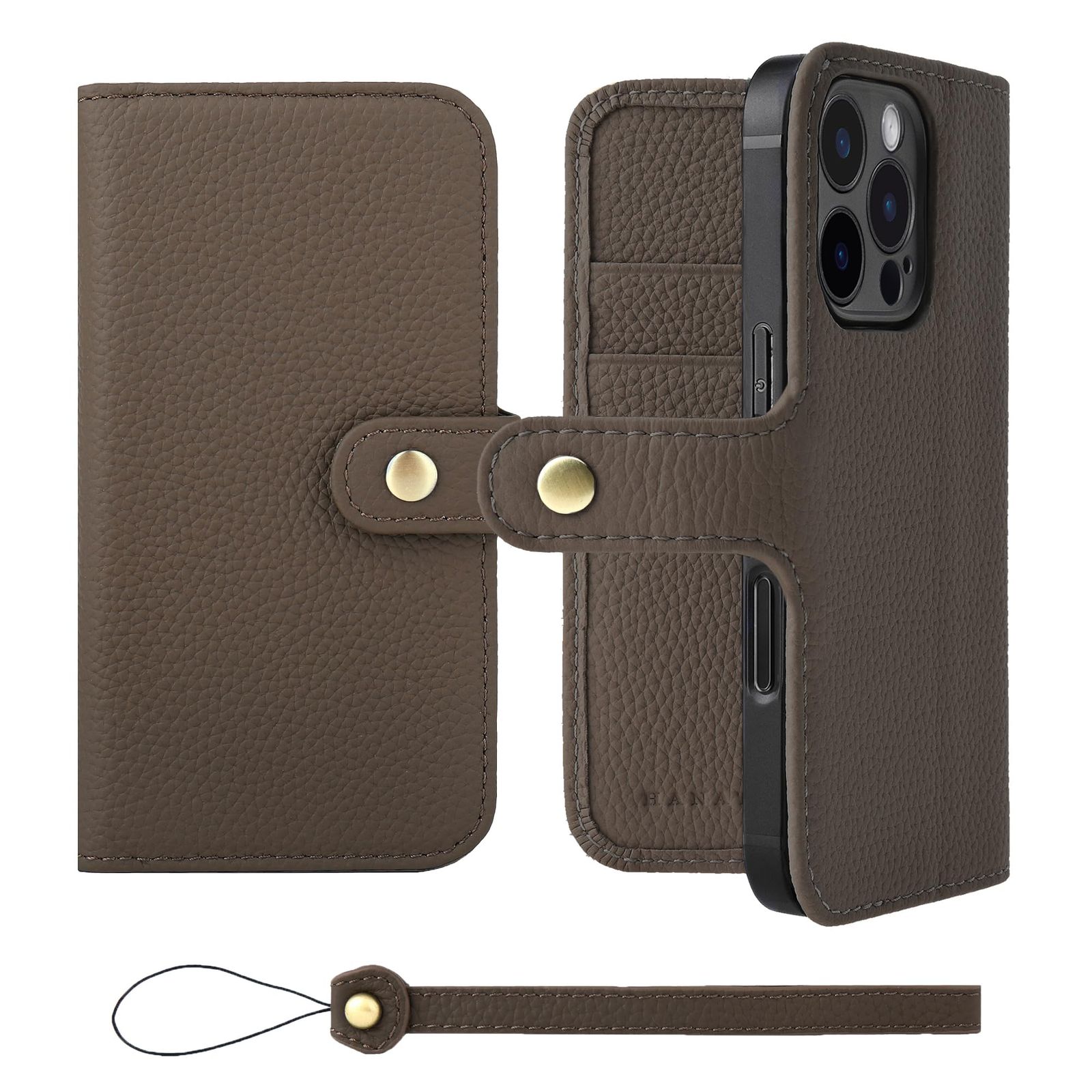 新品 HANATORA for iPhone 16Pro ケース 手帳型 本革 スマホケース スマホ スタンド ストラップ 付き シュリンクカーフレザー ベルトあり マグネットなし トープ H0XB-16Pro-Taupe ギフト 誕生日 女性 男性 彼女 お