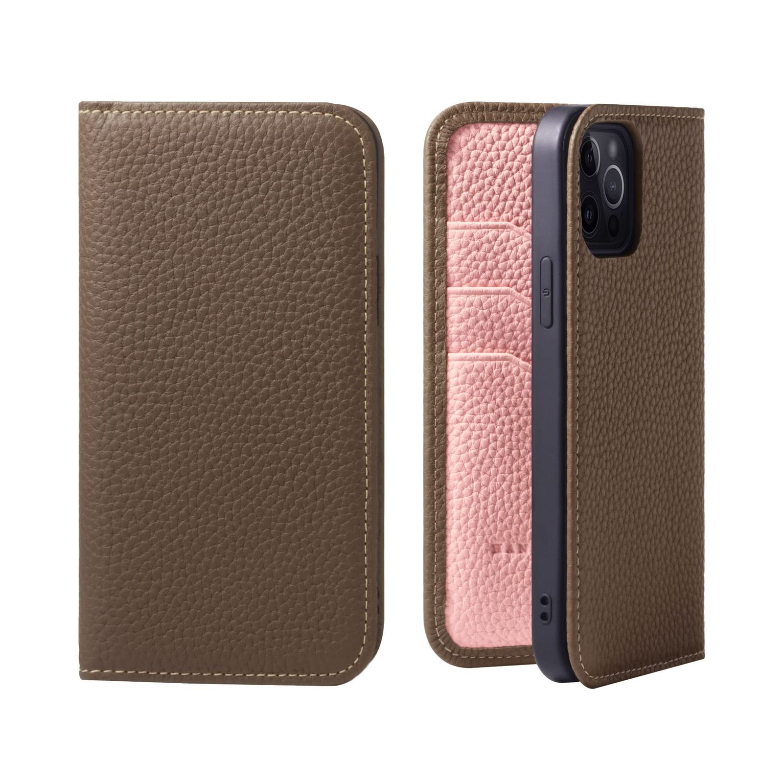 新品 HANATORA for iPhone 14Pro ケース 手帳型 本革 スマホケース スマホ スタンド コードホルダー 付き シュリンクカーフレザー マグネットなし トープ + ピンク PH-14Pro-Taupe-PK ギフト 誕生日 女性 男性 彼