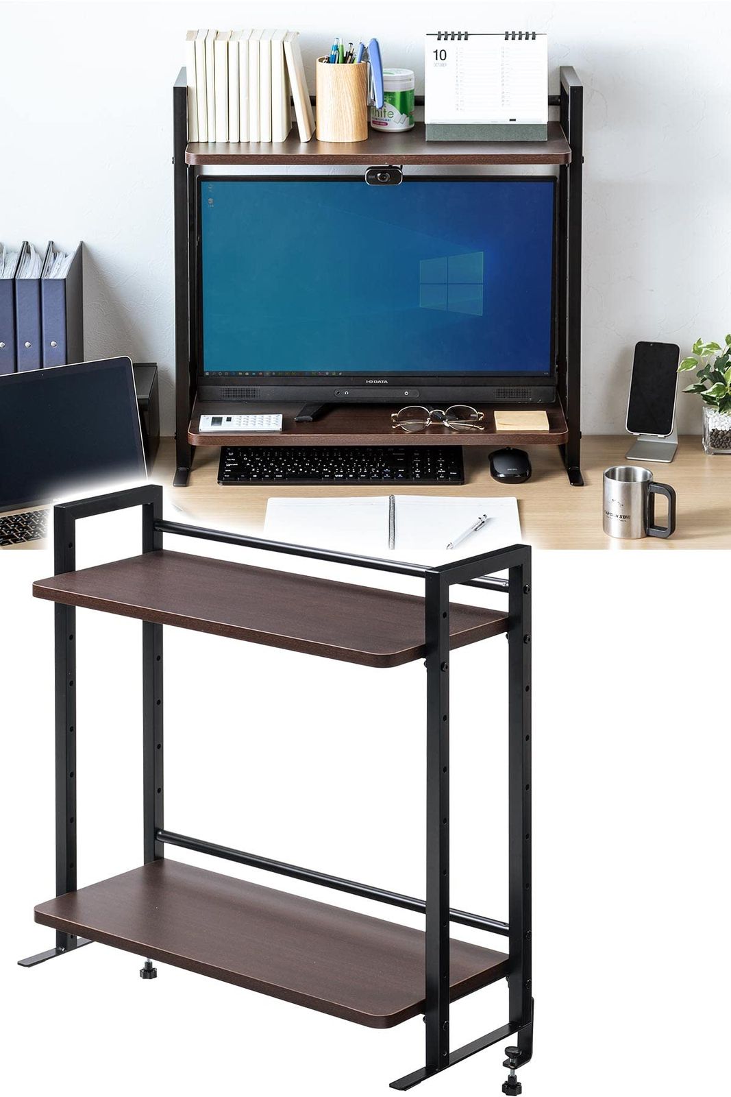 サンワダイレクト 机上ラック 幅60cm クランプ式 棚 高さ調整 ブラウン 100-MR186Mas 3dfd6ee8