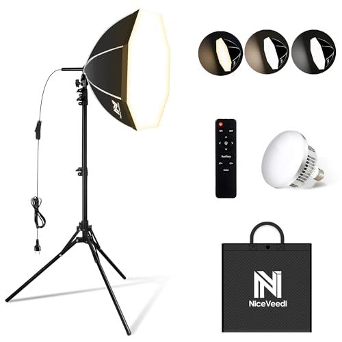 【新品】NiceVeedi 50cm八角形ソフトボックス 85W LED電球撮影用ライト 遠隔操作 3色ライトモード3000K-6000K 撮影用照明ライト 写真撮影照明用ソフトボックス 160cm調整可能三脚付き お持ち込みやすい 収納バッ d948e571