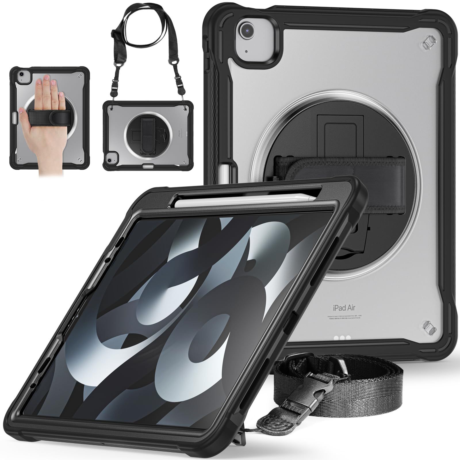 新品 iPad Air11''(2026年M4/2025年M3/2024年M2)/Air 第4 5世代 10.9インチ/Pro11''第4 3 2 1世代 用ケース 360度回転 ハンドベルト 縦置き 横置き スタンド ショルダーストラップ付き 頑丈 肩掛け